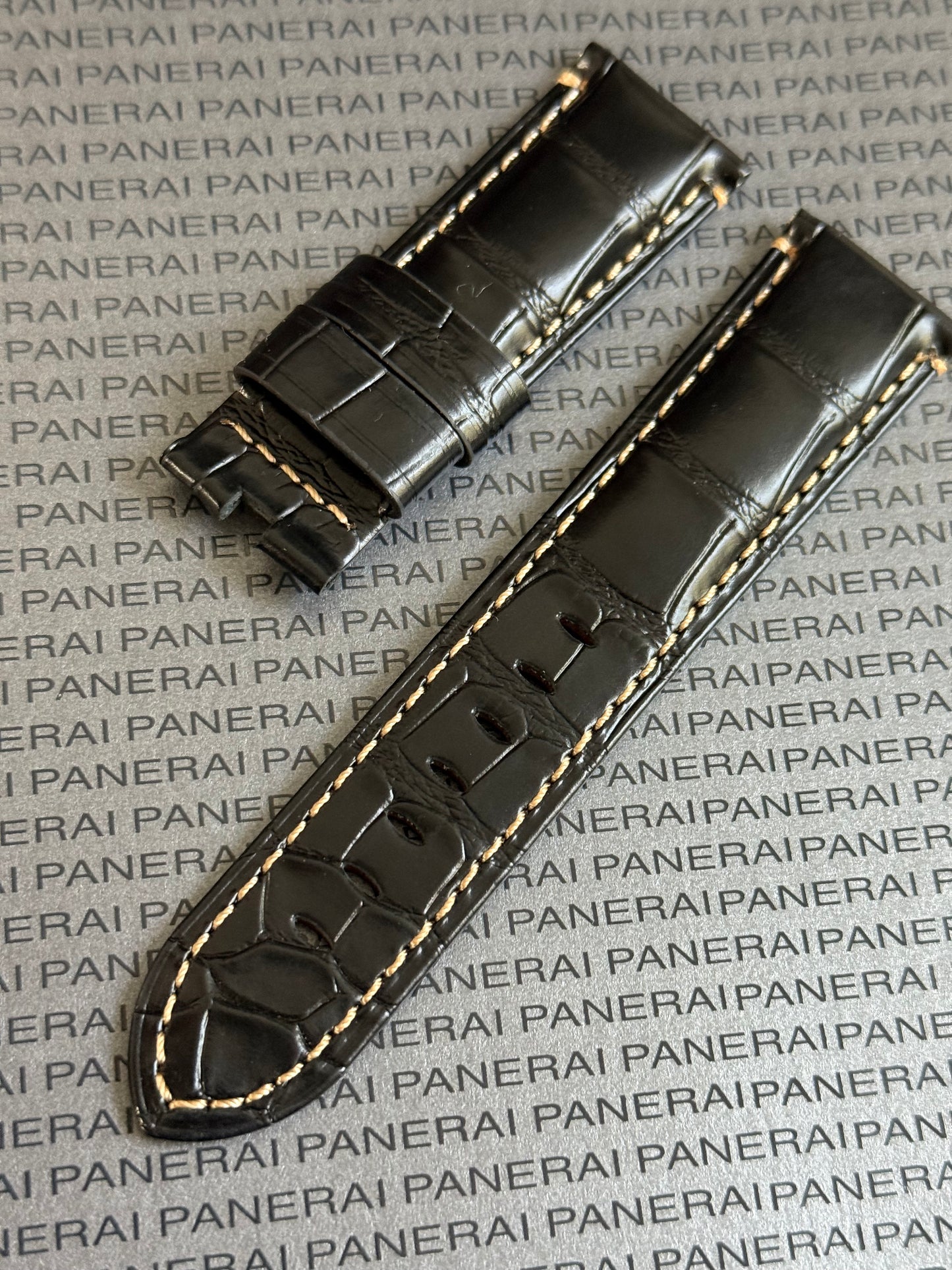 Panerai XL Black Alligator OEM Strap w Beige Stitching for Deployant Buckle (24/22MM)