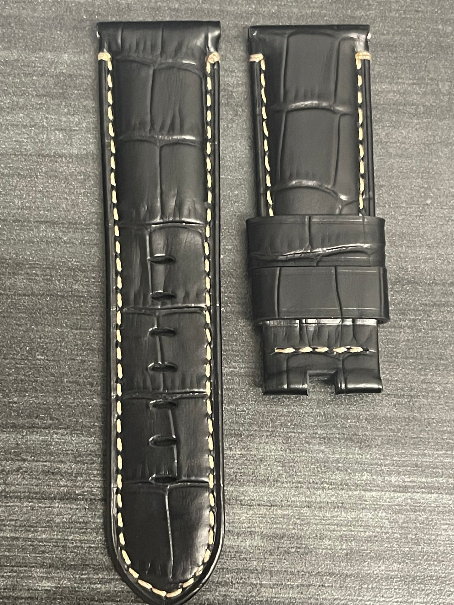 Panerai Black Alligator OEM Strap w Beige Stitching for Deployant Buckle (24/22MM)
