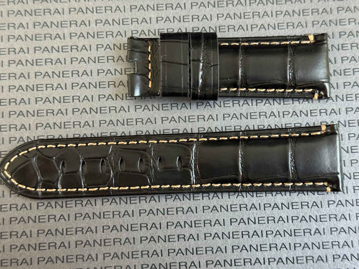 Panerai XL Black Alligator OEM Strap w Beige Stitching for Deployant Buckle (24/22MM)