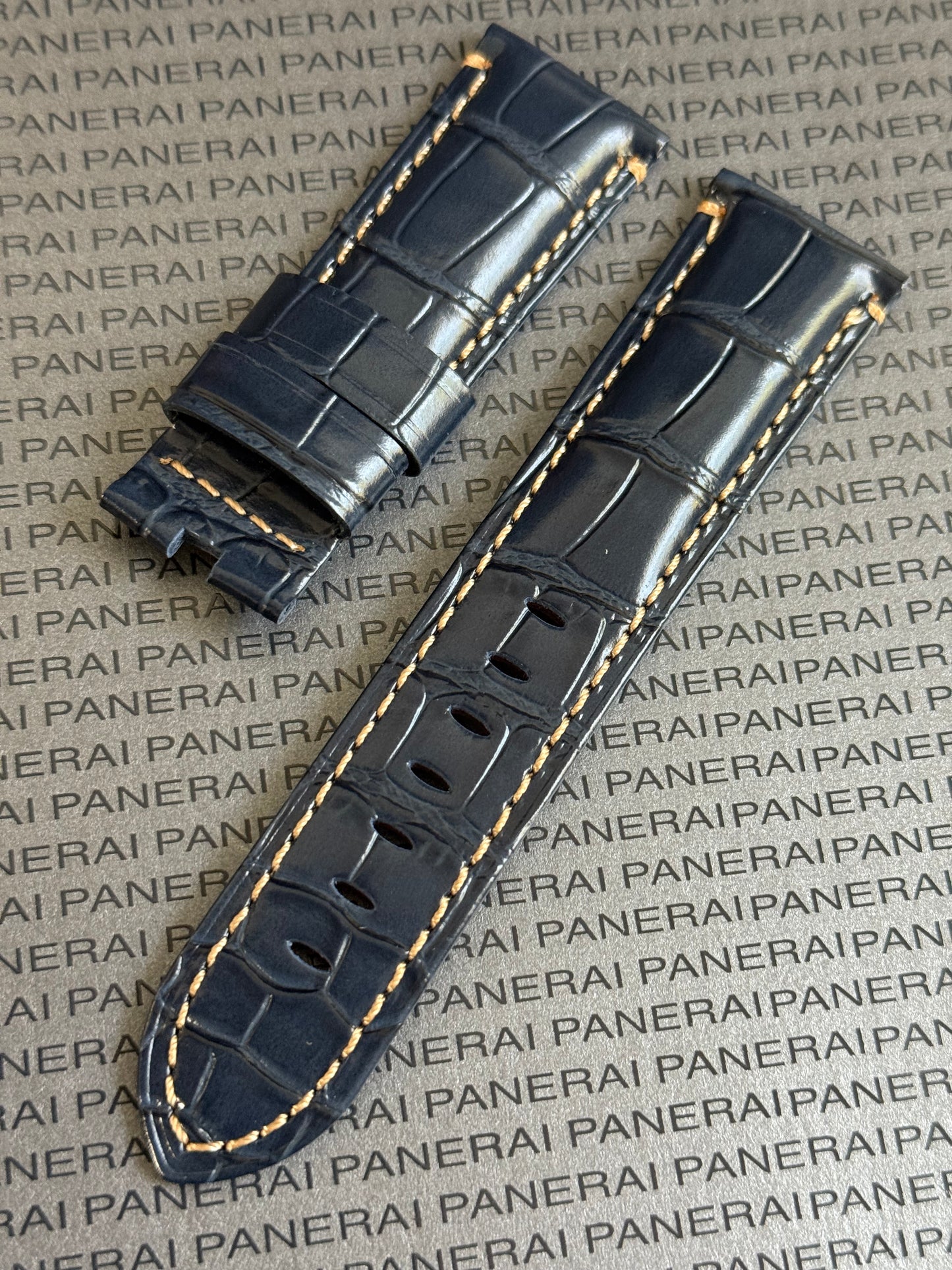 Panerai XL Blue Alligator OEM Strap w Beige Stitching for Deployant Buckle (24/22MM)