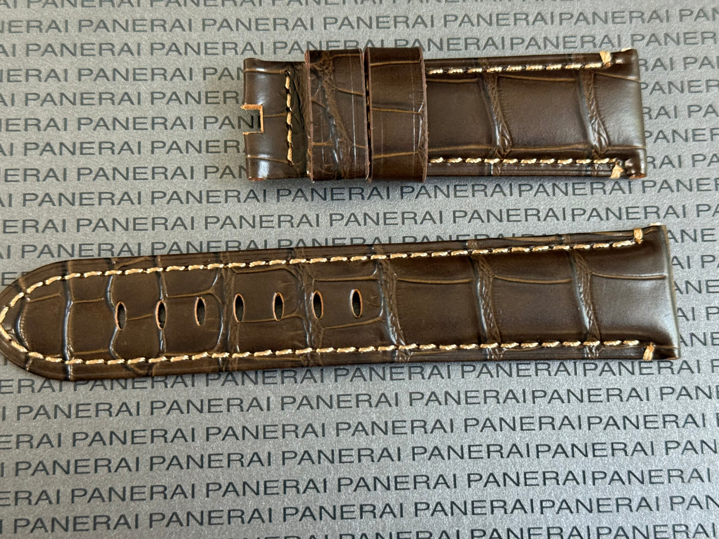 Panerai XL Dark Brown (Mocha) Alligator OEM Strap w Beige Stitching for Deployant Buckle (24/22MM)