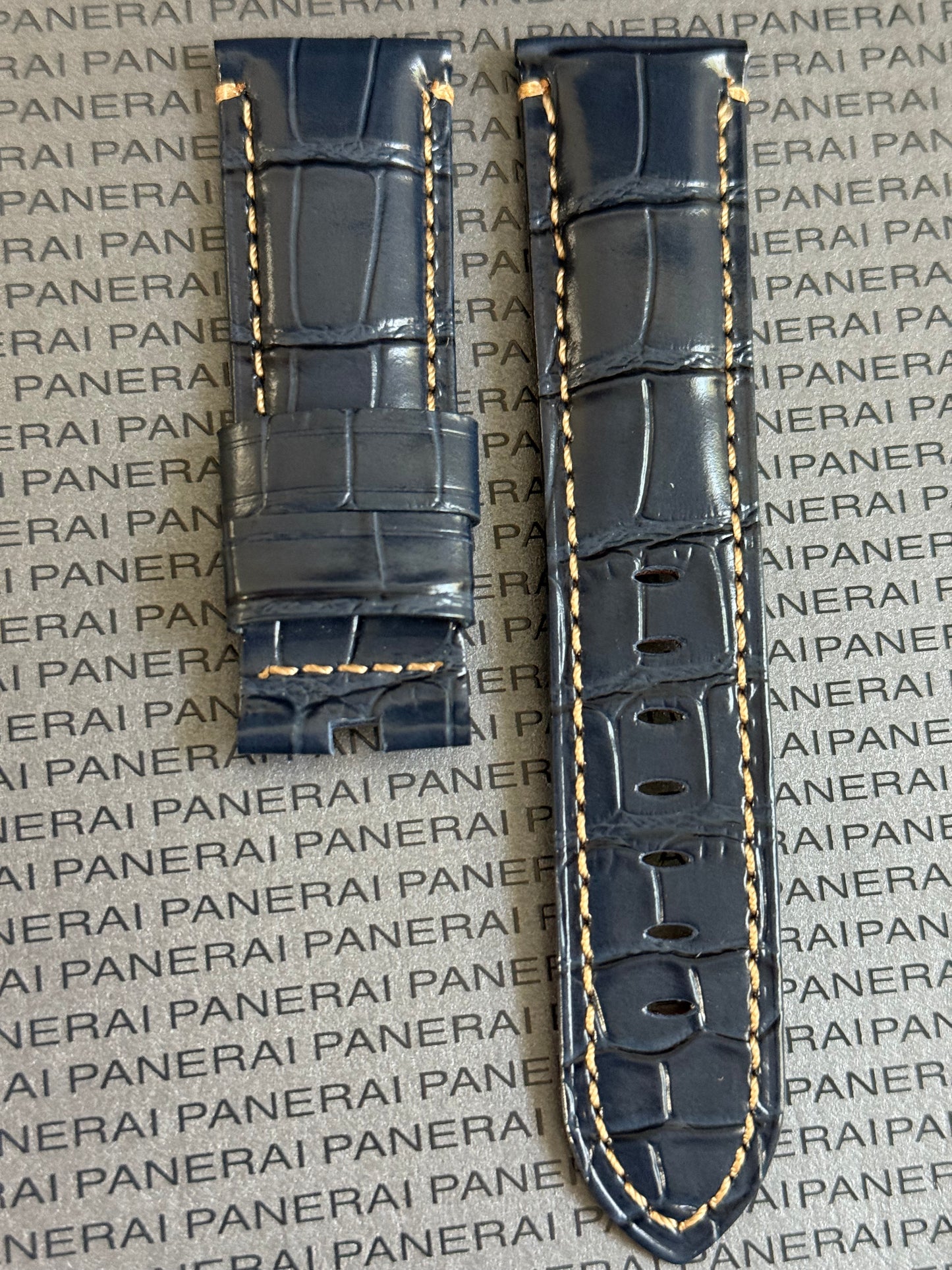 Panerai XL Blue Alligator OEM Strap w Beige Stitching for Deployant Buckle (24/22MM)