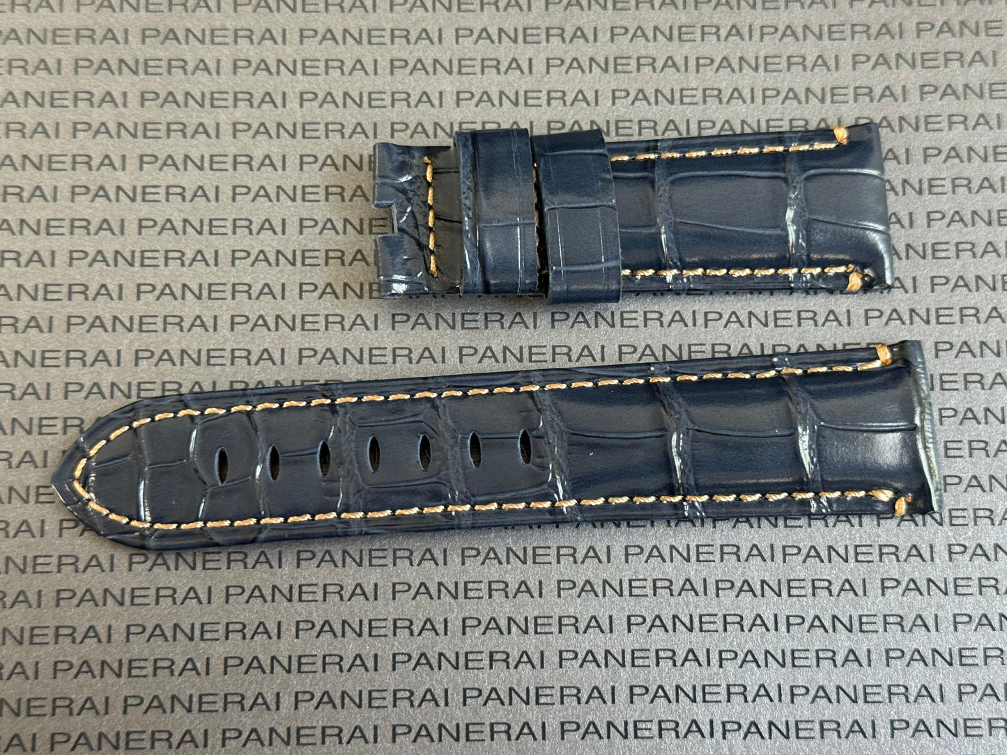 Panerai XL Blue Alligator OEM Strap w Beige Stitching for Deployant Buckle (24/22MM)