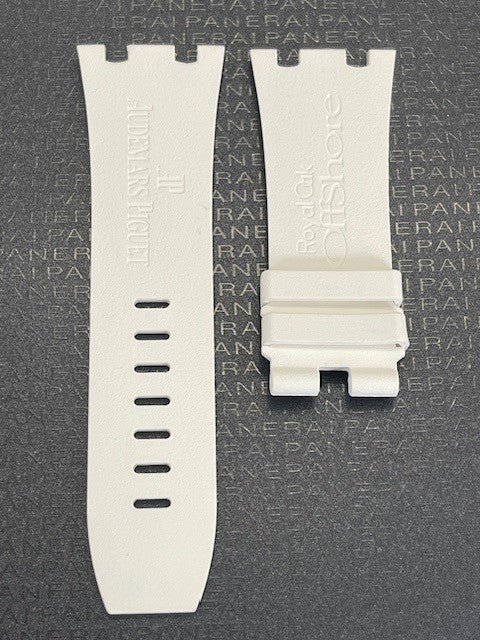 White rubber straps side by side with Audemars Piguet and Royal Oak Offshore embossing