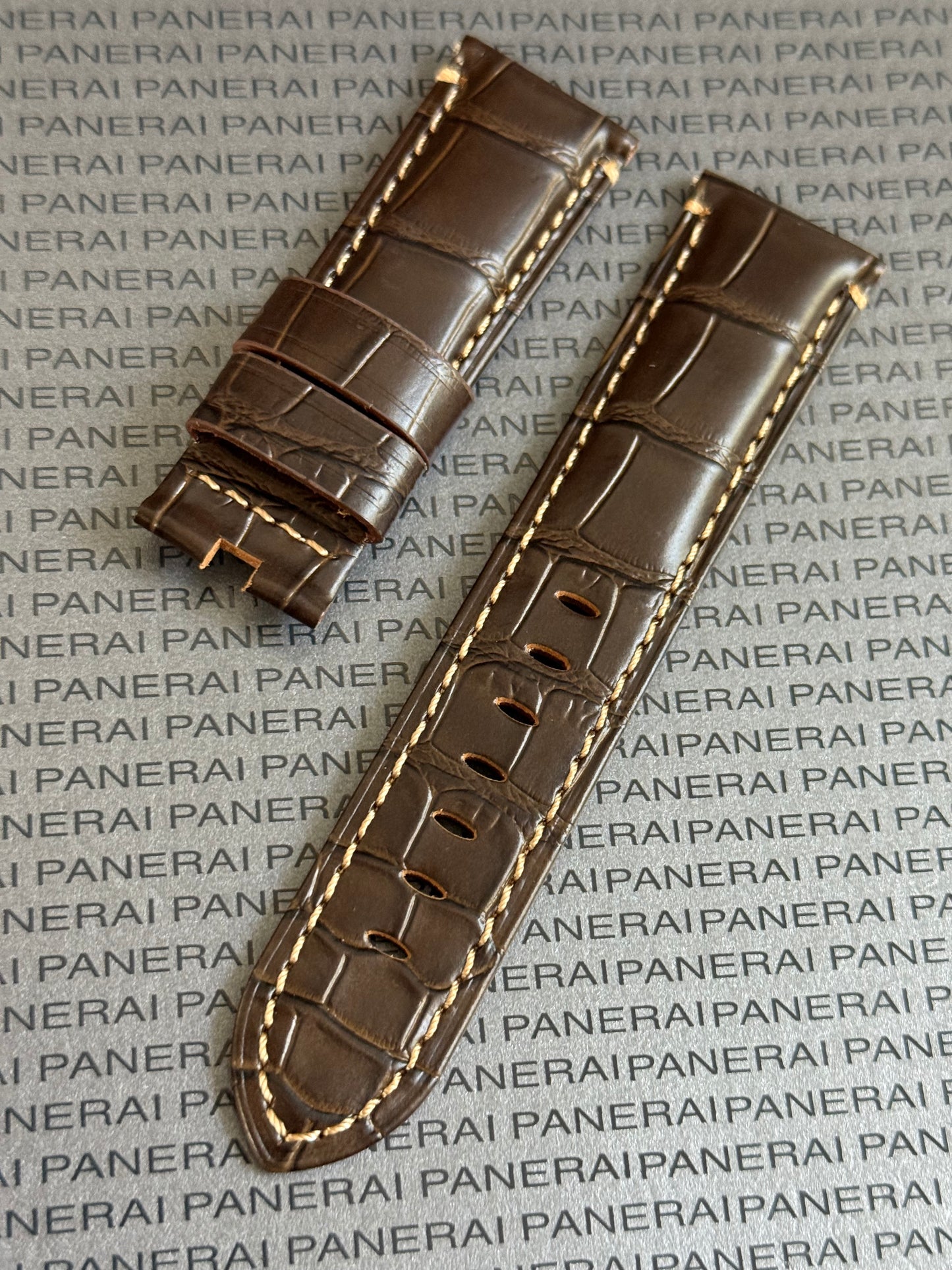 Panerai XL Dark Brown (Mocha) Alligator OEM Strap w Beige Stitching for Deployant Buckle (24/22MM)