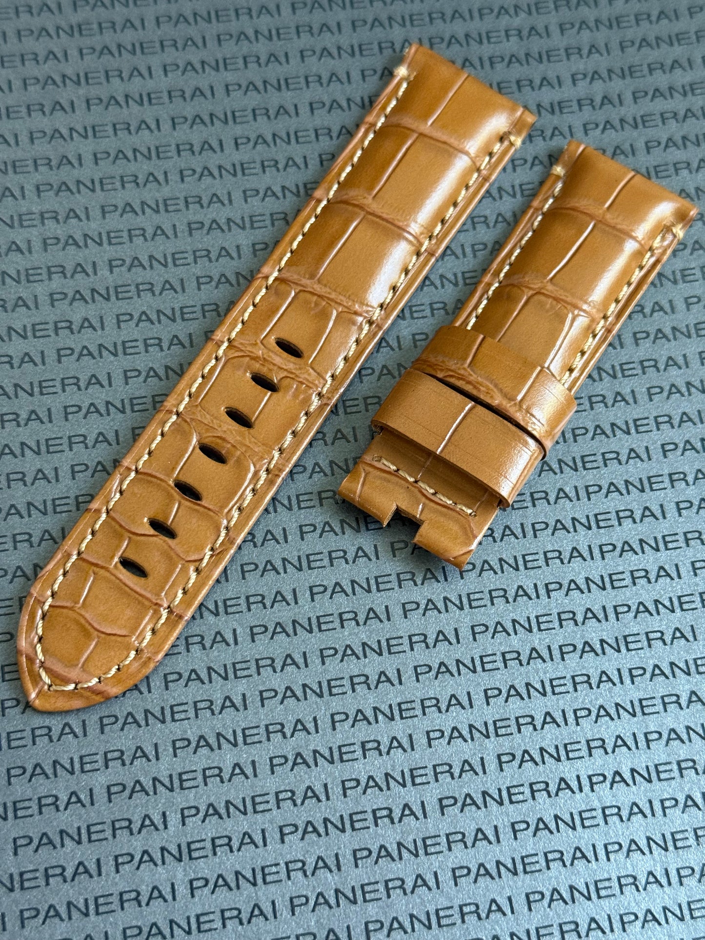 Panerai XL Medium Brown (Cognac) Alligator OEM Strap w Brown Stitching for Deployant Buckle (24/22MM)