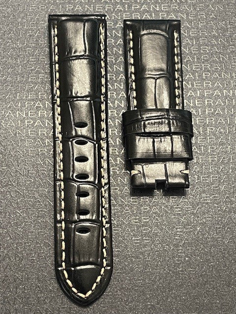 Panerai 24MM Black Alligator Tang Strap w Beige Stitch (24/22MM)