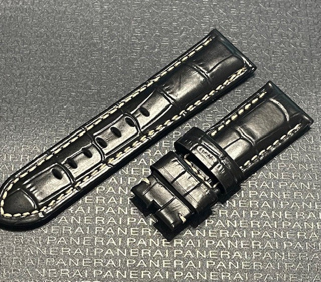 Panerai 24MM Black Alligator Tang Strap w Beige Stitch (24/22MM)