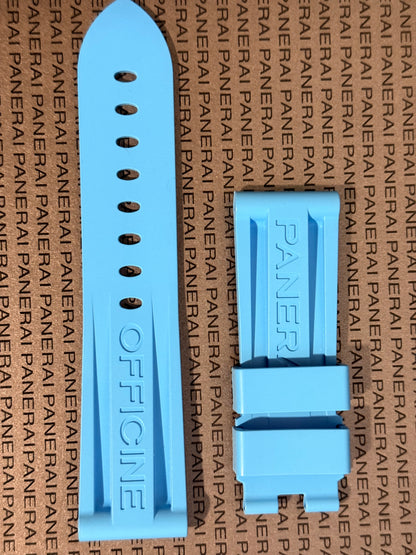 Panerai 24MM Light Blue Rubber Caoutchouc Logo Deployant Strap XL Length (24/22MM) (Copy 2)