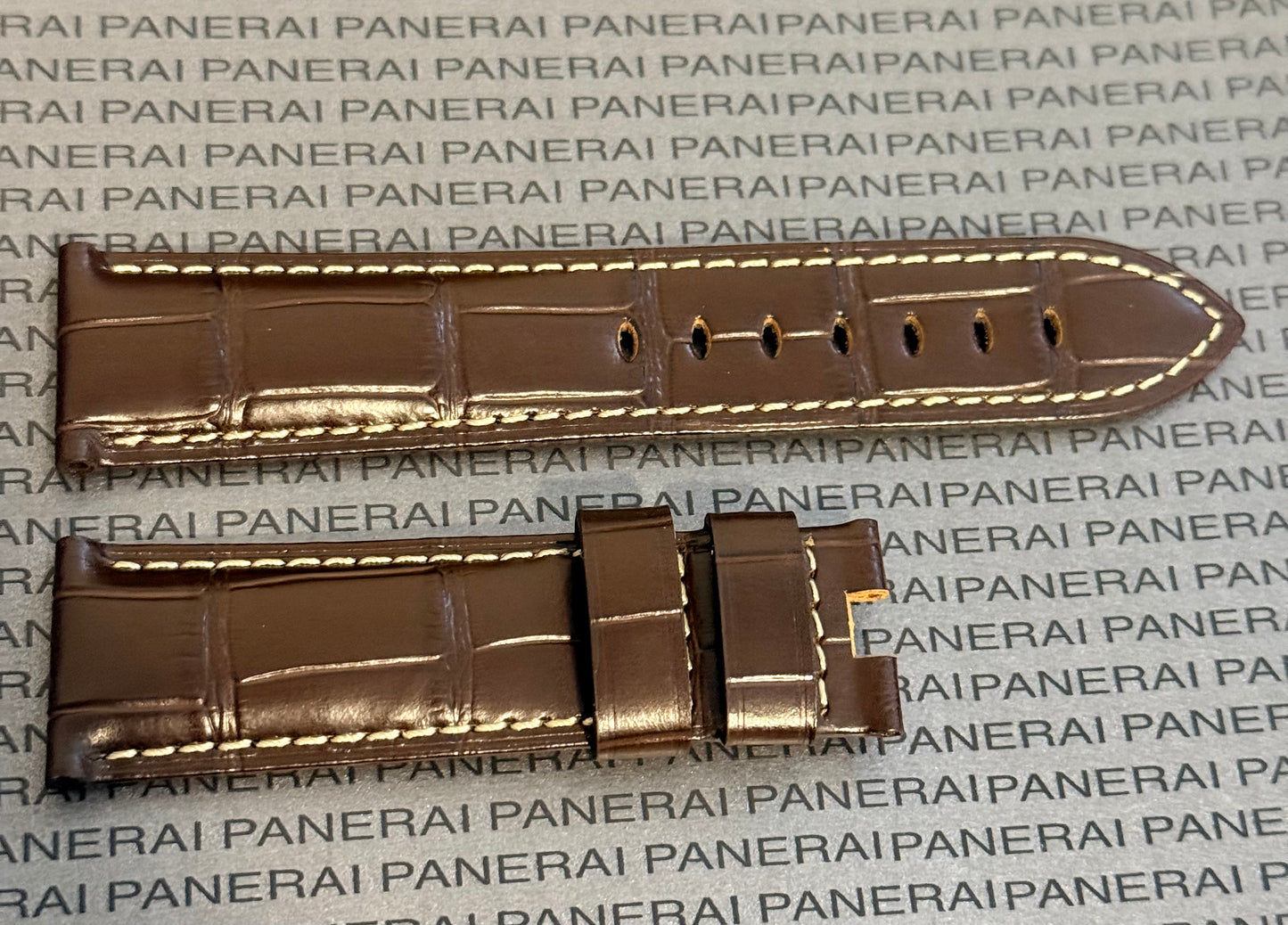 Panerai 22MM Brown Alligator OEM Deployant Strap w Beige Stitch (22/20MM)