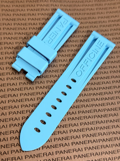 Panerai 24MM Light Blue Rubber Caoutchouc Logo Deployant Strap XL Length (24/22MM) (Copy 2)