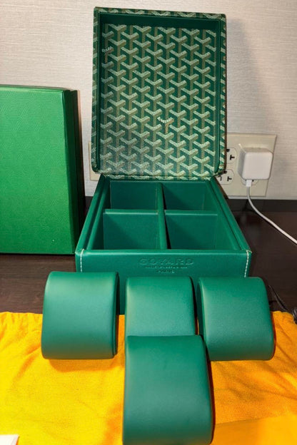 New GOYARD 4 Watch Travel Home Decor Case In Green Goyardine Coated Canvas Calfskin