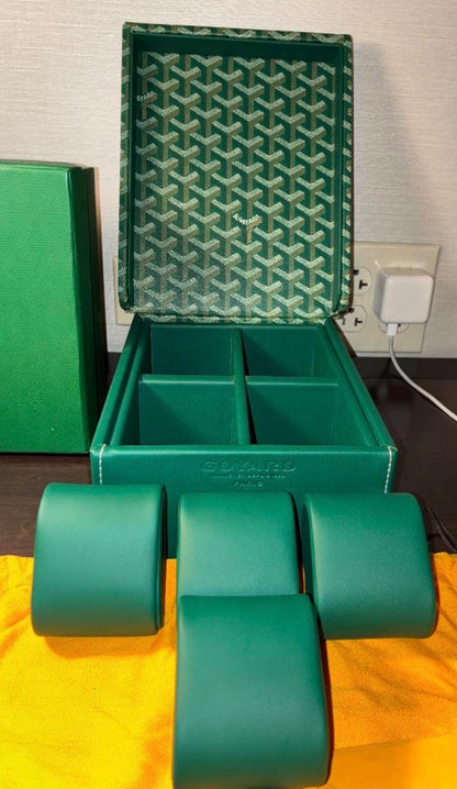 New GOYARD 4 Watch Travel Home Decor Case In Green Goyardine Coated Canvas Calfskin