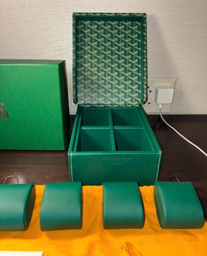 New GOYARD 4 Watch Travel Home Decor Case In Green Goyardine Coated Canvas Calfskin