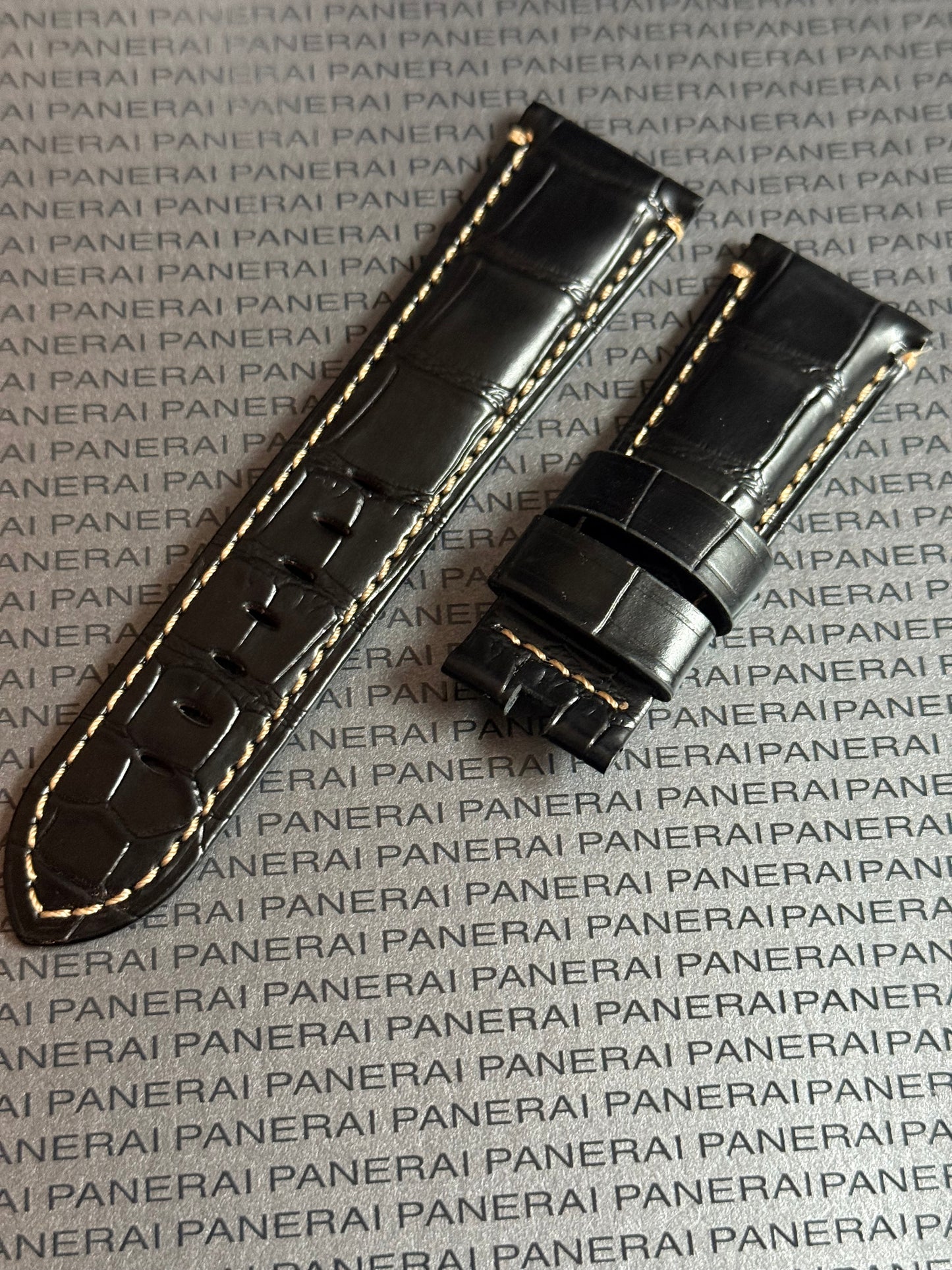 Panerai Black Alligator OEM Strap w Beige Stitching for Deployant Buckle (26/22MM)