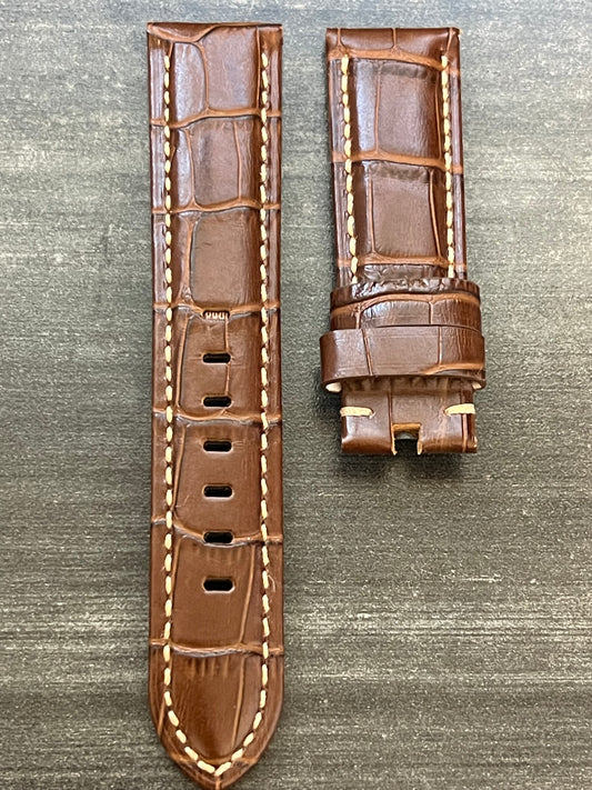 Panerai 22MM Brown Alligator OEM Tang Strap w Beige Stitch (22/20MM)