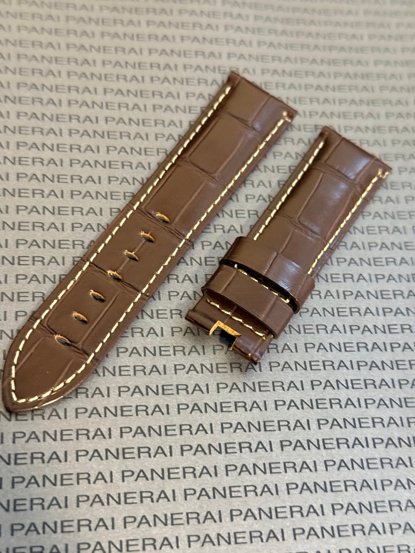 Panerai 22MM Brown Alligator OEM Deployant Strap w Beige Stitch (22/20MM)