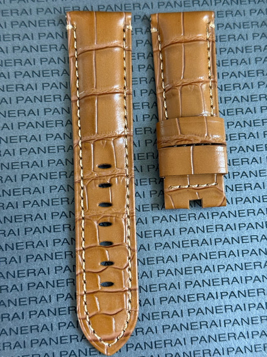 Panerai XL Medium Brown (Cognac) Alligator OEM Strap w Brown Stitching for Deployant Buckle (24/22MM)