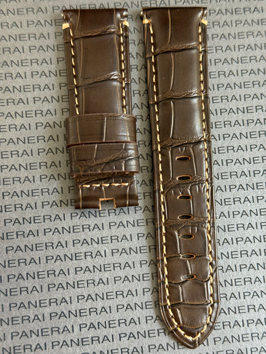 Panerai XL Dark Brown (Mocha) Alligator OEM Strap w Beige Stitching for Deployant Buckle (24/22MM)