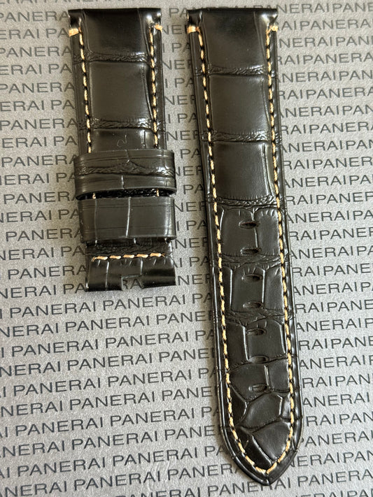 Panerai XL Black Alligator OEM Strap w Beige Stitching for Deployant Buckle (24/22MM)