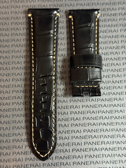 Panerai Black Alligator OEM Strap w Beige Stitching for Deployant Buckle (26/22MM)