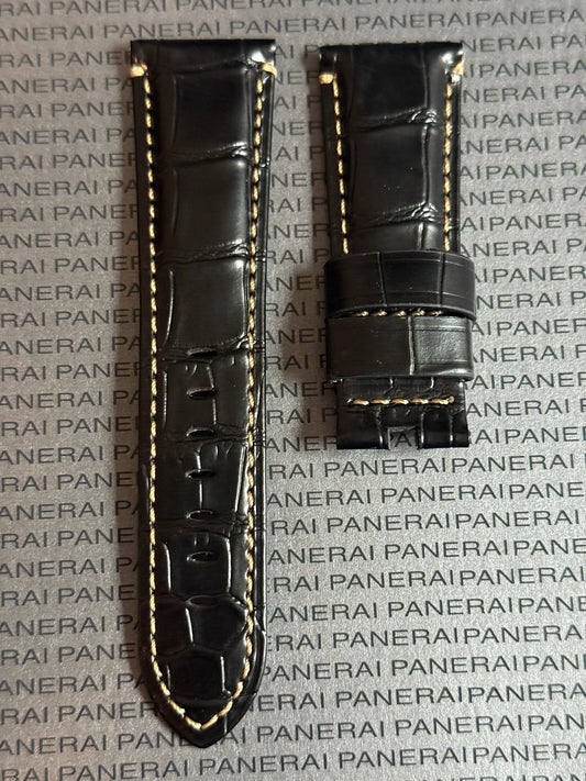 Panerai Black Alligator OEM Strap w Beige Stitching for Deployant Buckle (26/22MM)
