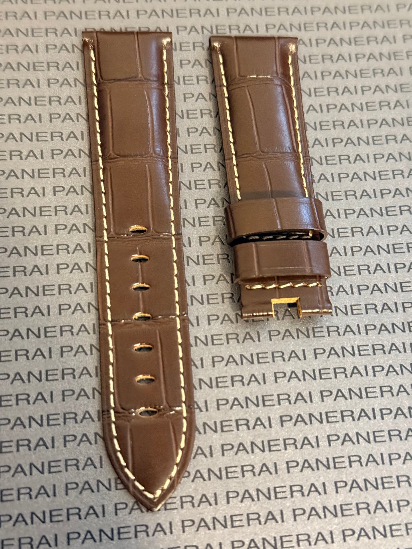 Panerai 22MM Brown Alligator OEM Deployant Strap w Beige Stitch (22/20MM)