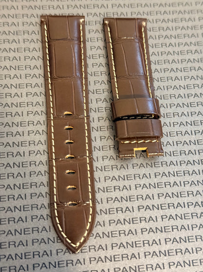 Panerai 22MM Brown Alligator OEM Deployant Strap w Beige Stitch (22/20MM)