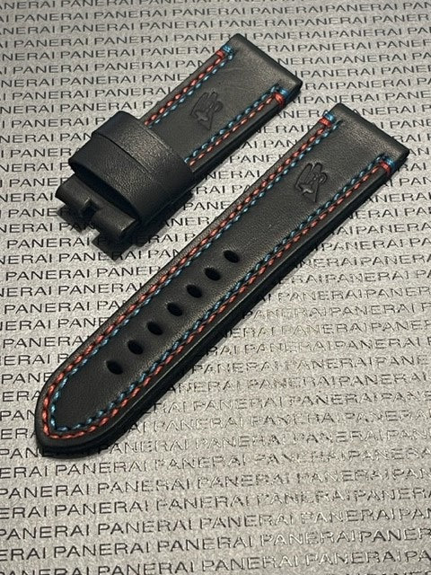 Panerai 24/22MM Black Calf Tang Strap with Blue and Red Stitching