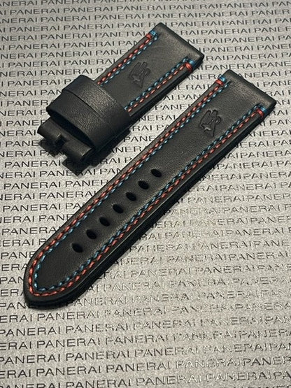 Panerai 24/22MM Black Calf Tang Strap with Blue and Red Stitching