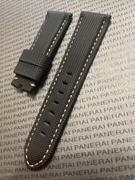 Panerai 24MM black leather strap with elegant gold stitching, compatible with 22MM tang buckle watches.